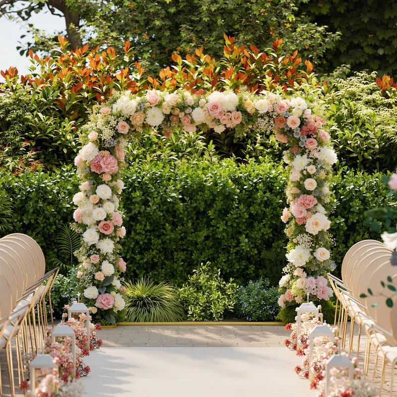 Wedding Arch Backdrop Stand, Square Wedding Arch with U-shaped Stakes, 6.6 FT Gold Metal Arch Frame