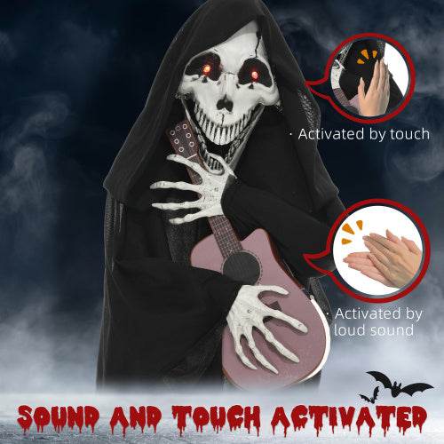 HOMCOM 4.3 Outdoor Halloween Decoration Animatronic Guitar-playing Grim Reaper, Sound And Motion Activated Animated Prop With Light Up Eyes Guitar Music