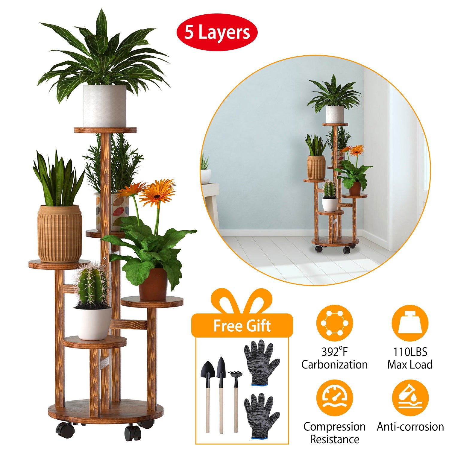 5 Tier Plant Stand with 4 Detachable Wheels Wooden Plant Pot Rolling Shelf Plant Display Rack for Indoor Outdoor Decoration