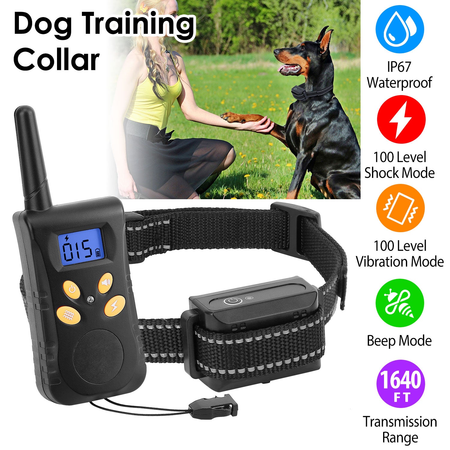 Dog Training Collar IPX7 Waterproof Pet Beep Vibration Electric Shock Collar Rechargeable Transmitter Receiver Trainer w/ Remote