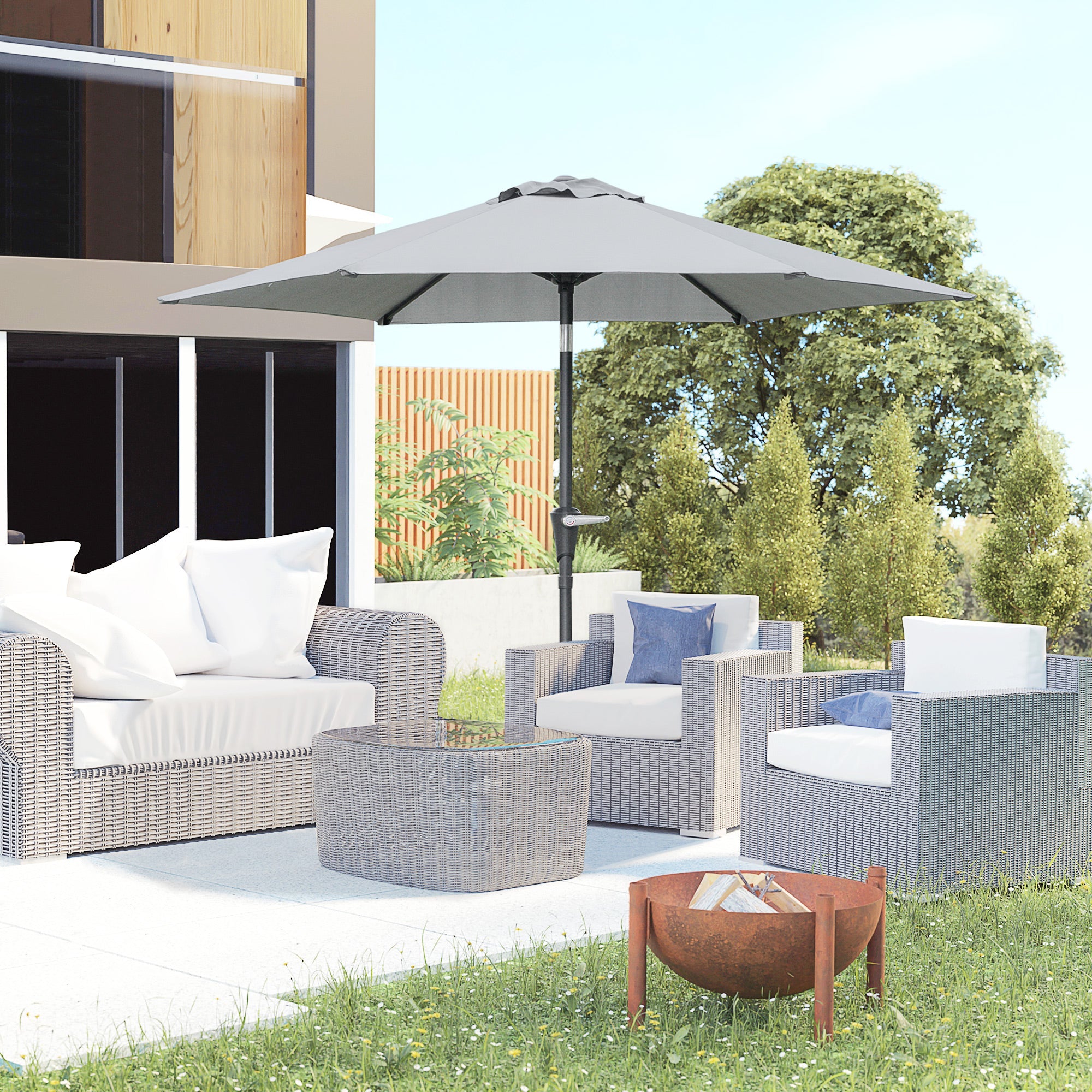 Outsunny Patio Sun Umbrella, Outdoor Parasol with 6 Ribs, Light Grey