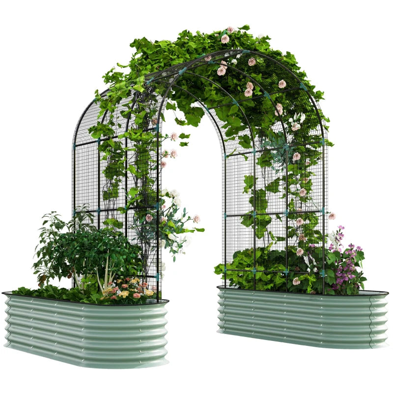 Galvanized Raised Garden Beds with Arch Trellis, Metal Planter Box with Climbing Net, Rubber Strap Edging, Open Bottom