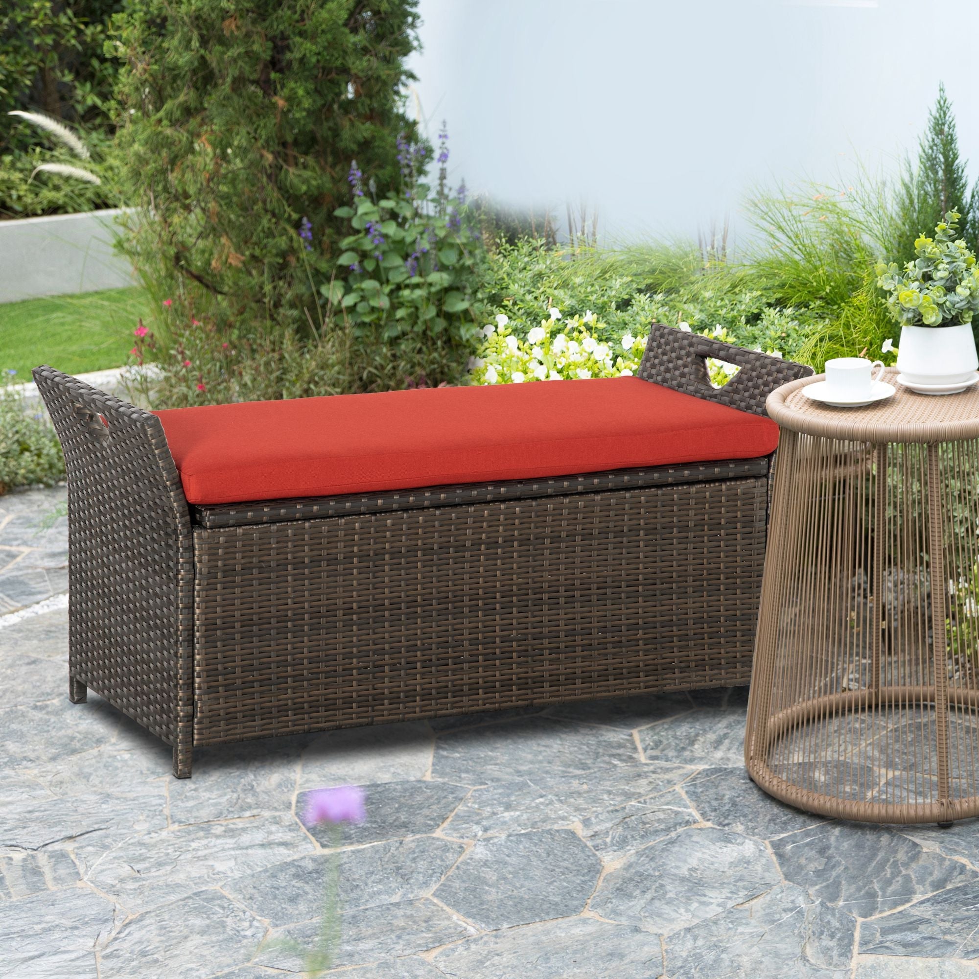 Outsunny 2-In-1 Outdoor PE Rattan Storage Bench, 27 Gallon Patio Wicker Furniture, Basket Box with Handles and Cushion Red