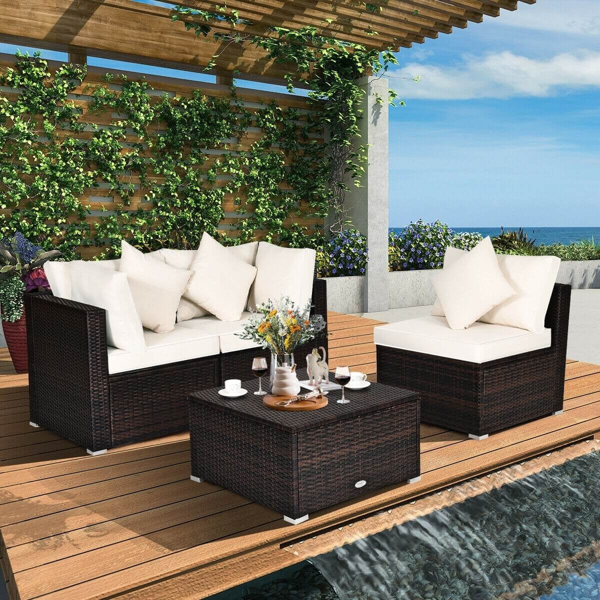 4 Pcs Ottoman Garden Deck Patio Rattan Wicker Furniture Set Cushioned Sofa-WhiteÂ