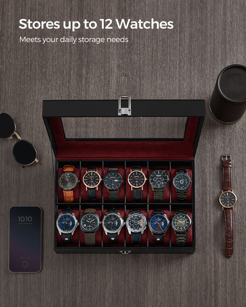 SONGMICS 6 & 12-Slot Watch Box with Large Glass Lid