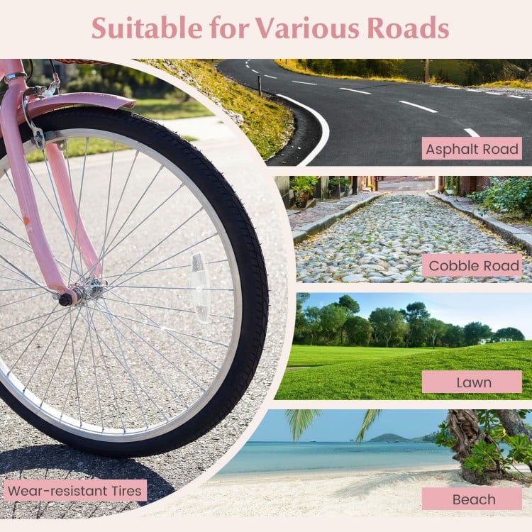 26-Inch Beach Cruiser Bike with Cup Holder and Woven Basket - Pink