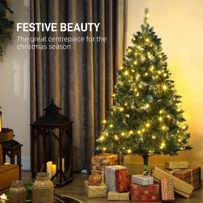 HOMCOM 6ft Frosted Pre-Lit Christmas Tree – Full Spruce with Dual Colour LED Lights, Hinged Design, Easy Assembly