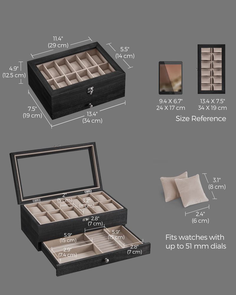 SONGMICS 8 & 12-Slot Watch Box with Large Glass Lid