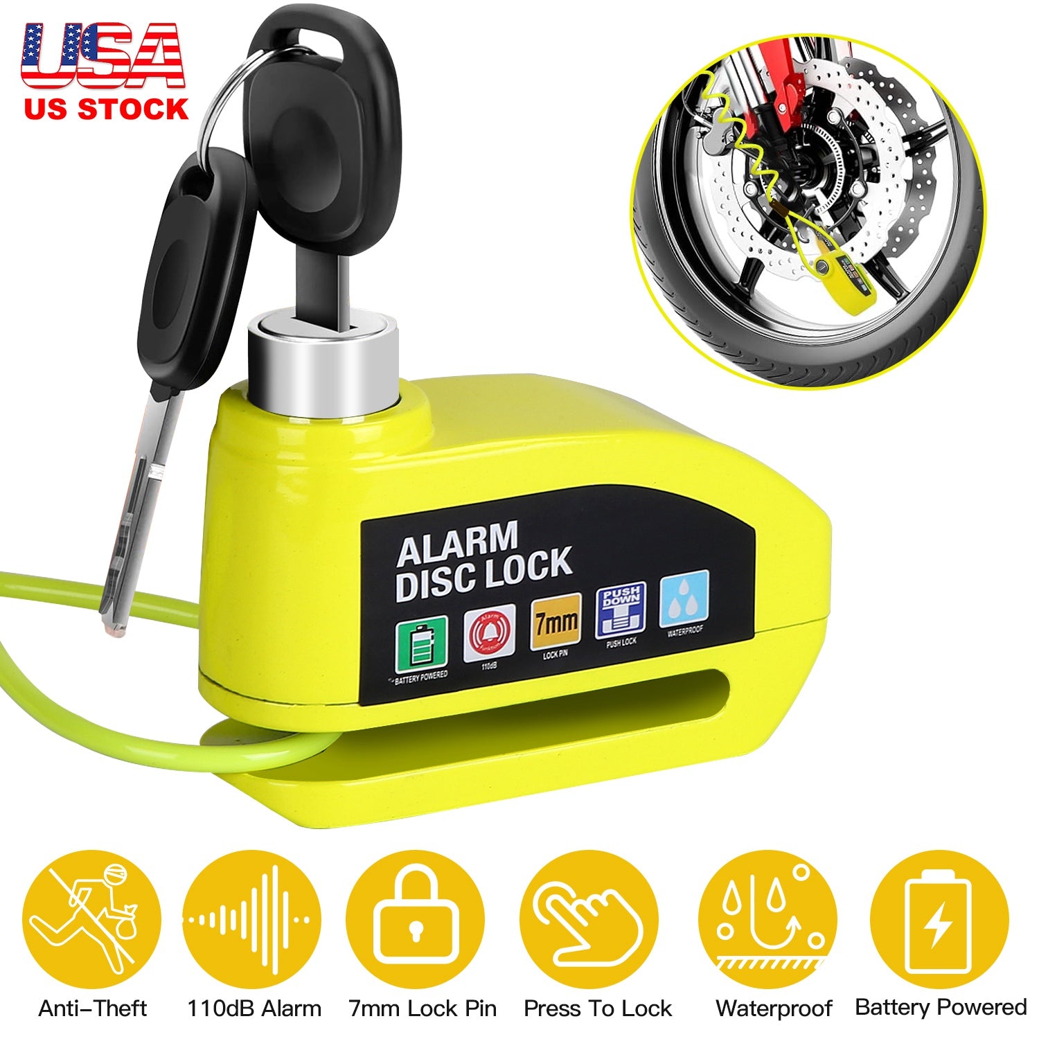 Motorcycle Disc Lock Alarm Anti-theft Brake Disc Lock Wheel Alarm Security Lock with 110dB Alarm 2 Keys 3.94FT Reminder Cable for Motorbike Bike Scoot