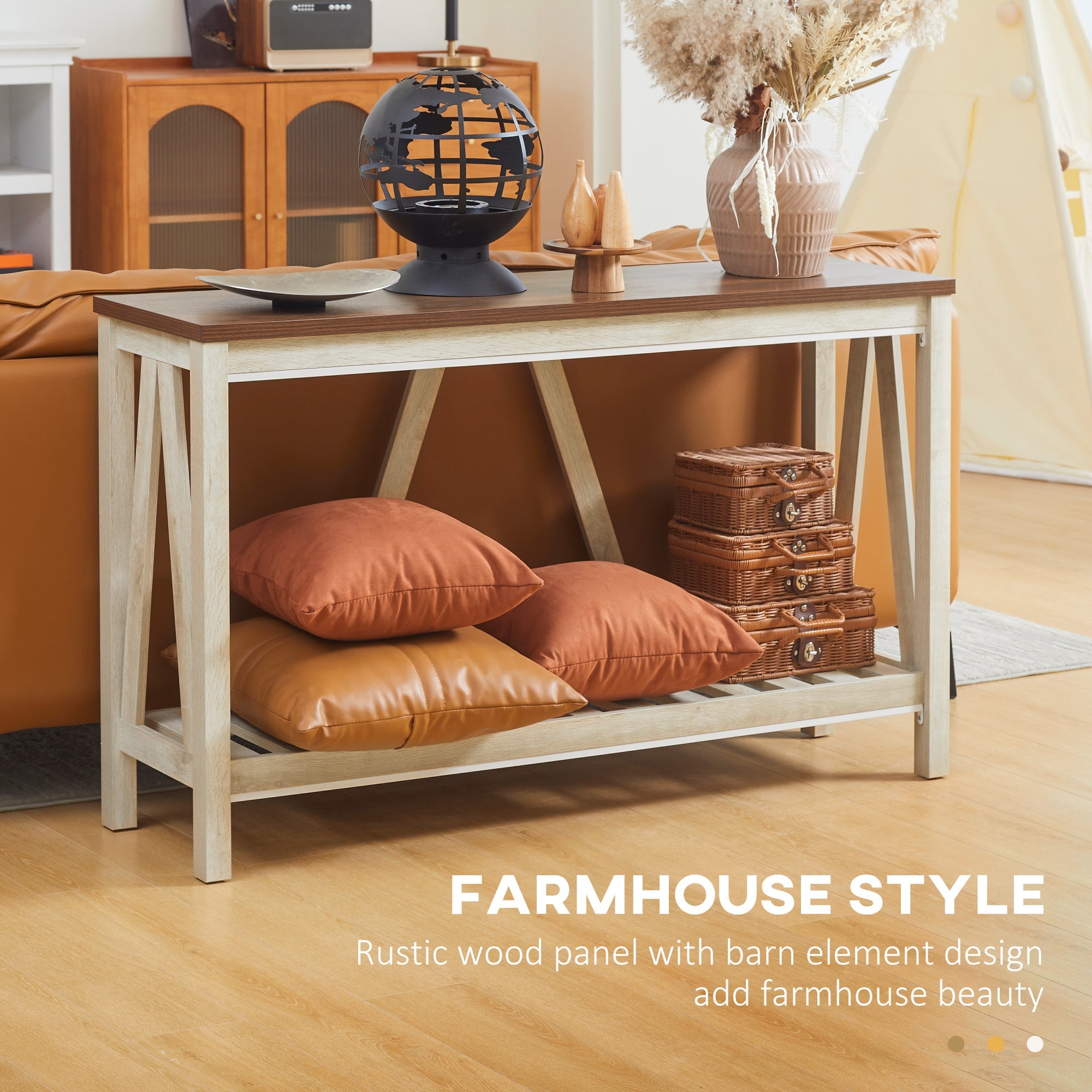HOMCOM Farmhouse Console Table: Rustic Sofa Table with Storage Shelf & Anti-Tipping Design, Living Room/Bedroom/Entryway, Oak