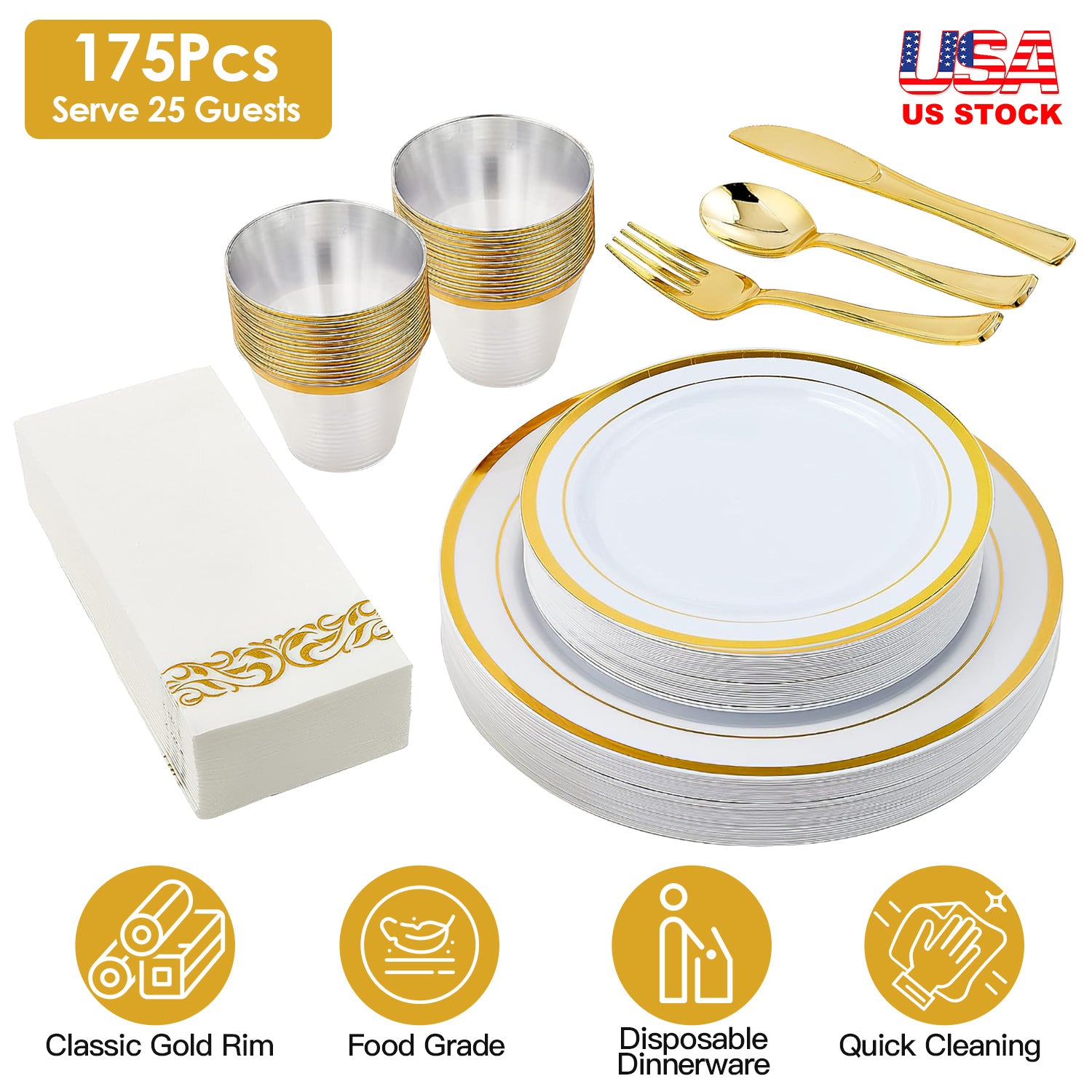 175Pcs Disposable Gold Dinnerware Set Gold Rim Plastic Plates Cups Fork Spoon Knife Paper Napkins for Party Wedding Graduation