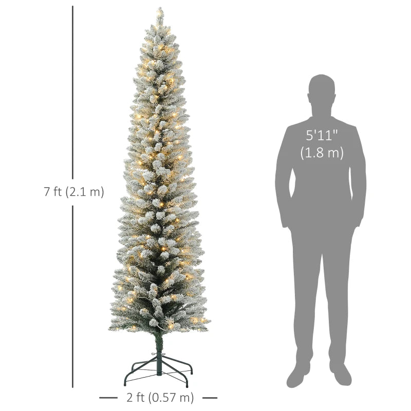 HOMCOM 5FT Prelit Pencil Christmas Tree with Warm White LED Lights, Slim Artificial Snow Flocked Xmas Tree with Metal Base
