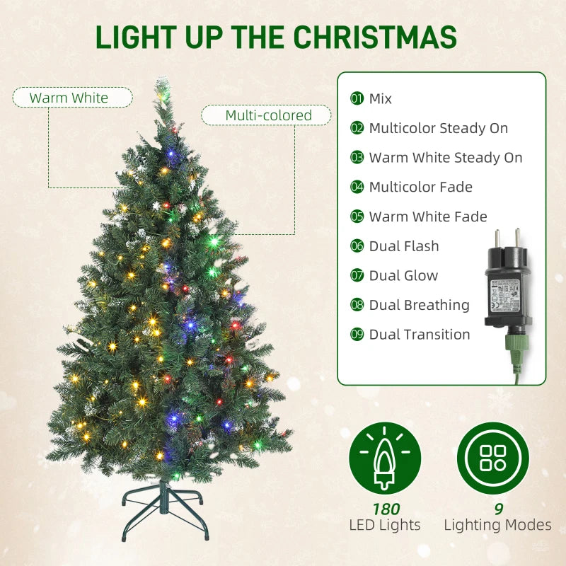 HOMCOM 6ft Frosted Pre-Lit Christmas Tree – Full Spruce with Dual Colour LED Lights, Hinged Design, Easy Assembly