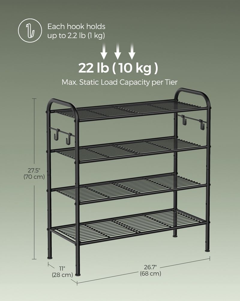 SONGMICS Shoe Rack with 4 Side Hooks, Holds 10 Pairs of Shoes