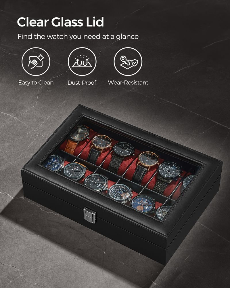 SONGMICS 6 & 12-Slot Watch Box with Large Glass Lid
