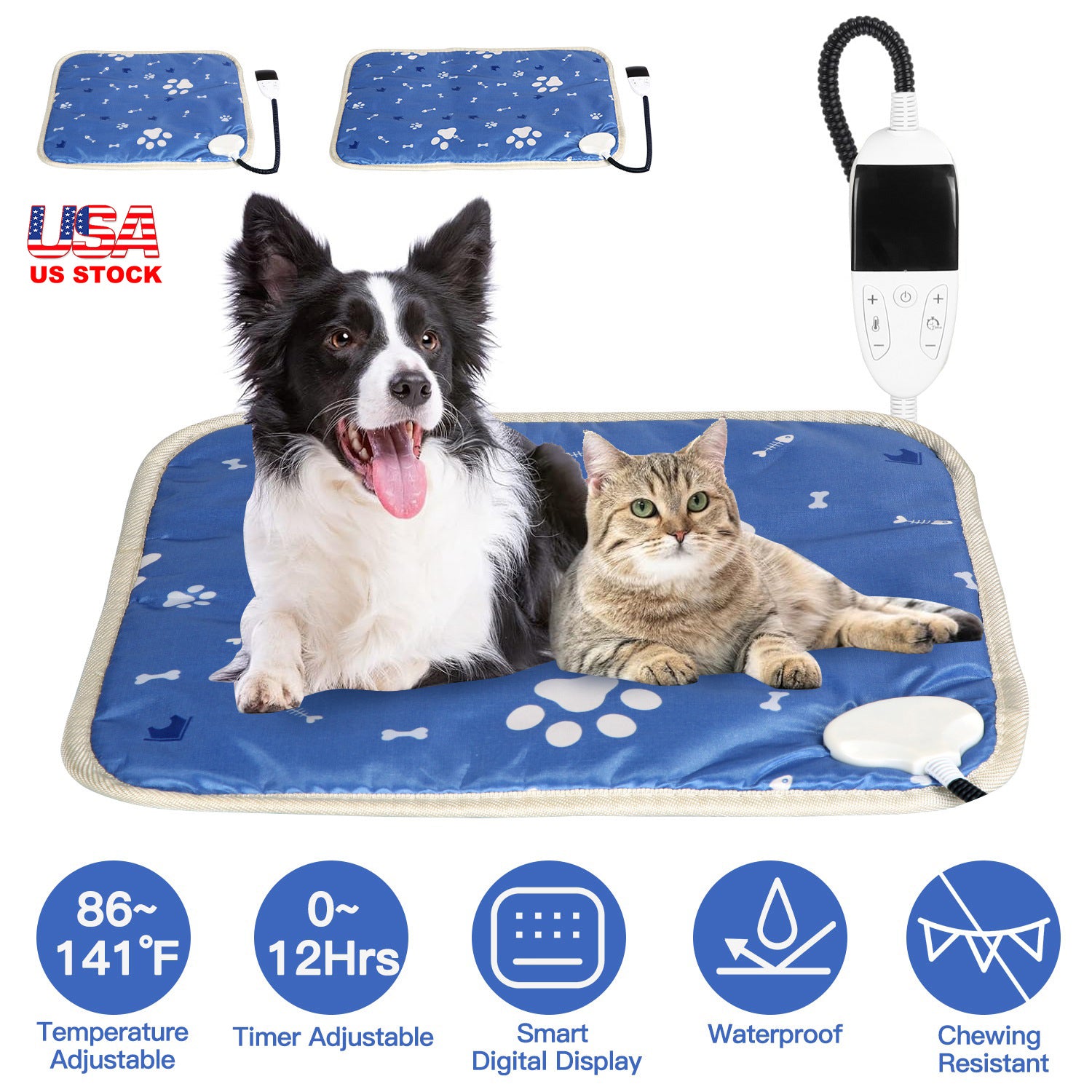 Pet Heating Pad Electric Dog Cat Heating Mat Waterproof Warming Blanket with 86-141? Adjustable Temperature 0-12 Timer Digital Display Chewing-resista