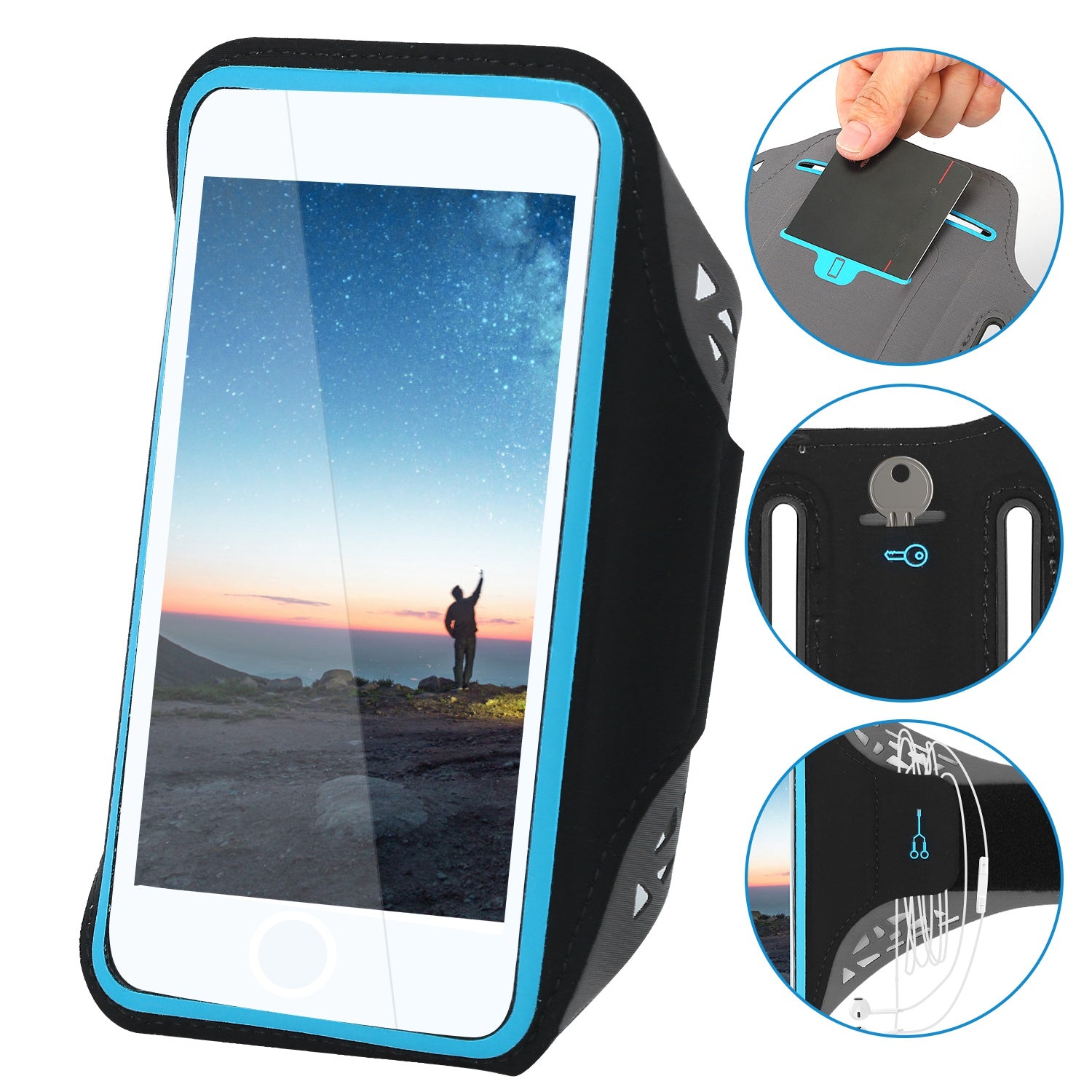 Phone Armband Case Sweat-resistant Armband Phone Holder 7in Max Phone Holder Adjustable w/ Headphone Cable Key Card Holder For Running Jogging Riding