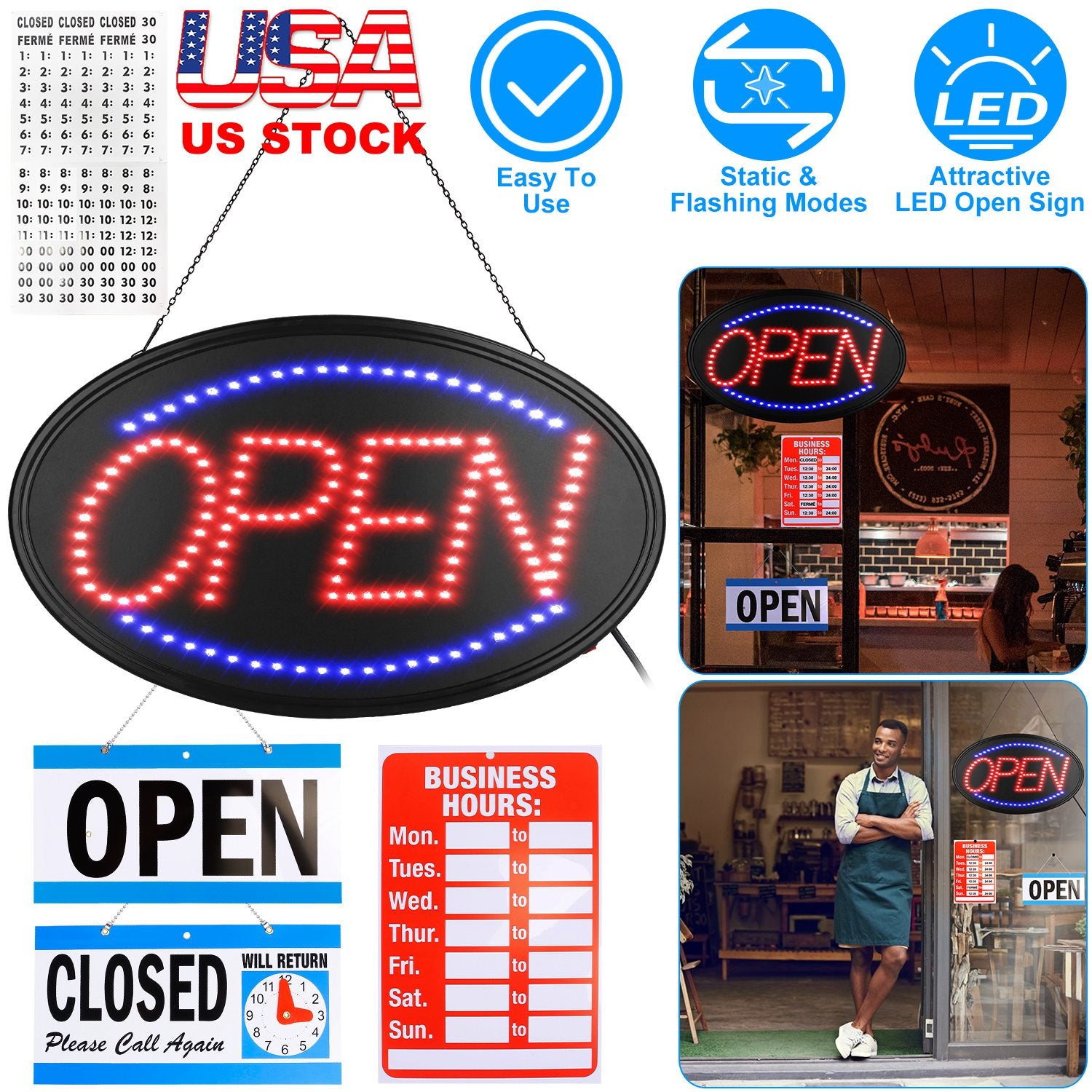 LED Open Sign 22.64x13.78In Business Neon Open Sign Advertisement Board with Steady Flashing Modes Business Hours and Open Closed Sign
