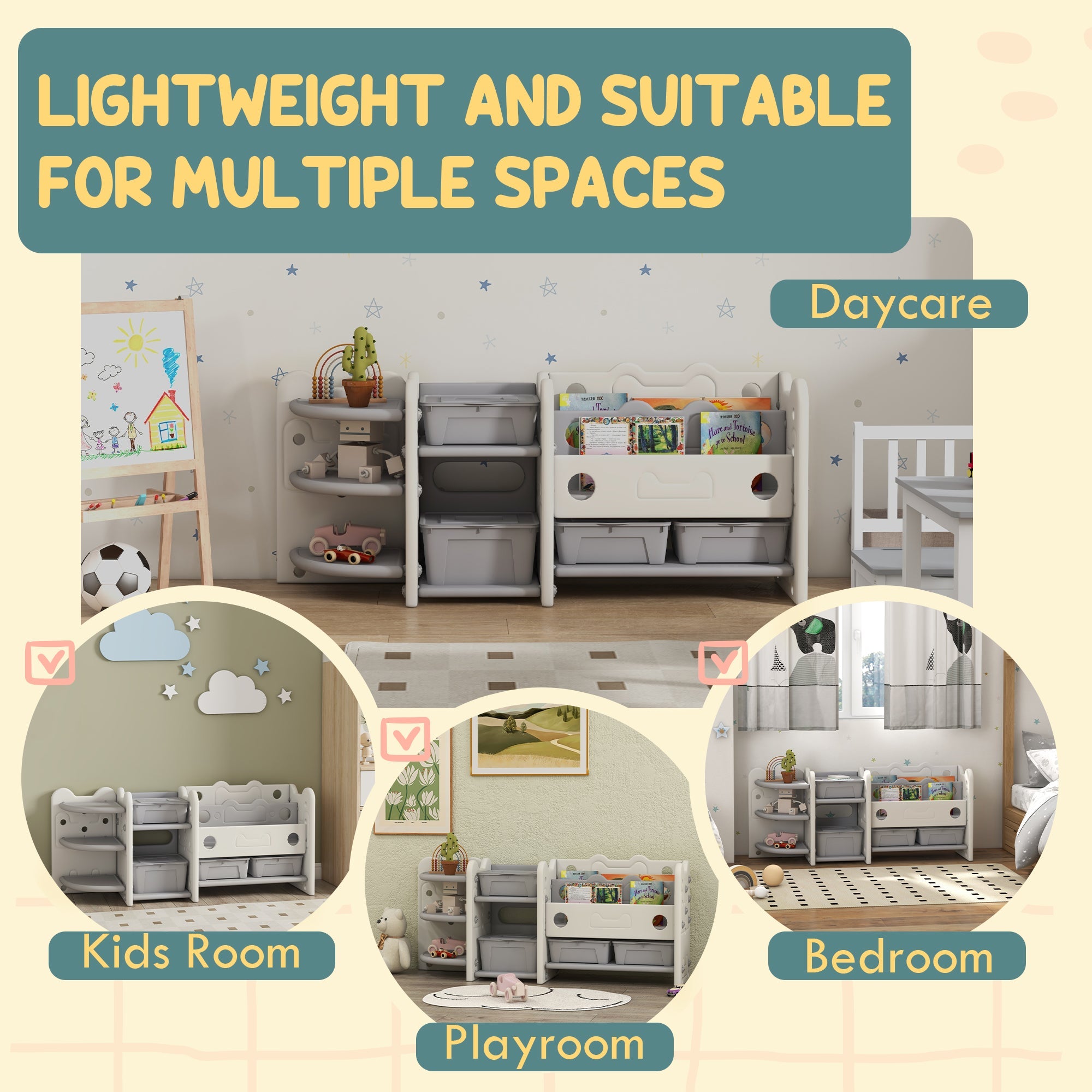 Qaba Toy Storage Organizer with 4 Storage Boxes, Bookshelves, Storage Racks, for Nursery, Kids Room, Playroom, Cream White