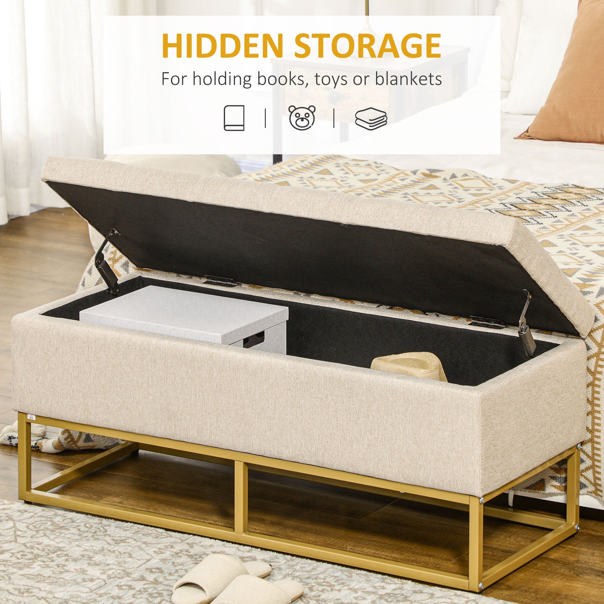 HOMCOM Linen Luxury: Upholstered Storage Bench with Steel Legs, Beige Fabric Ottoman for Bedroom, Living Room Seating