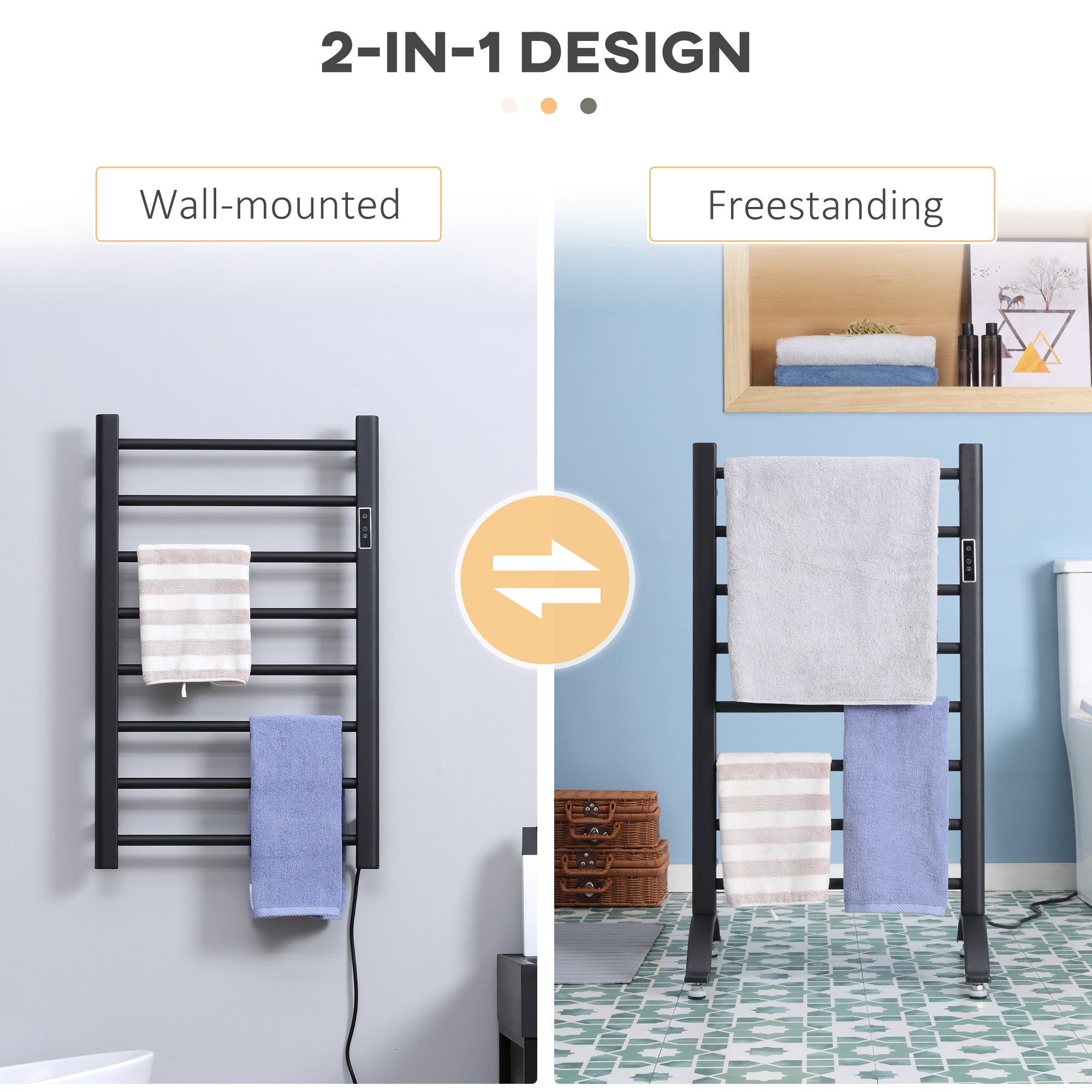 HOMCOM 8-Bar Electric Towel Warmer: Wall-Mounted/Freestanding Heated Towel Rail with Timer & LED Indicators, Black