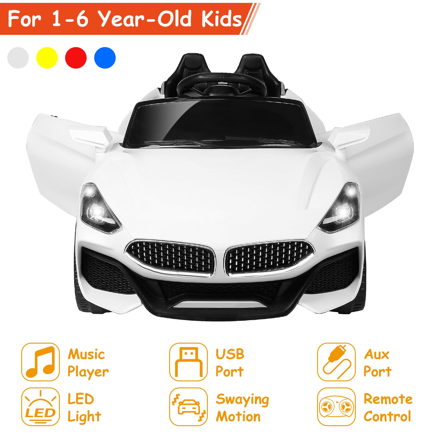 12V Electric Kids Ride-On Car w/ Parental Remote Control Music Horn LED Lights Swaying Function 3 Speeds For Kids Aged 1-6 Years