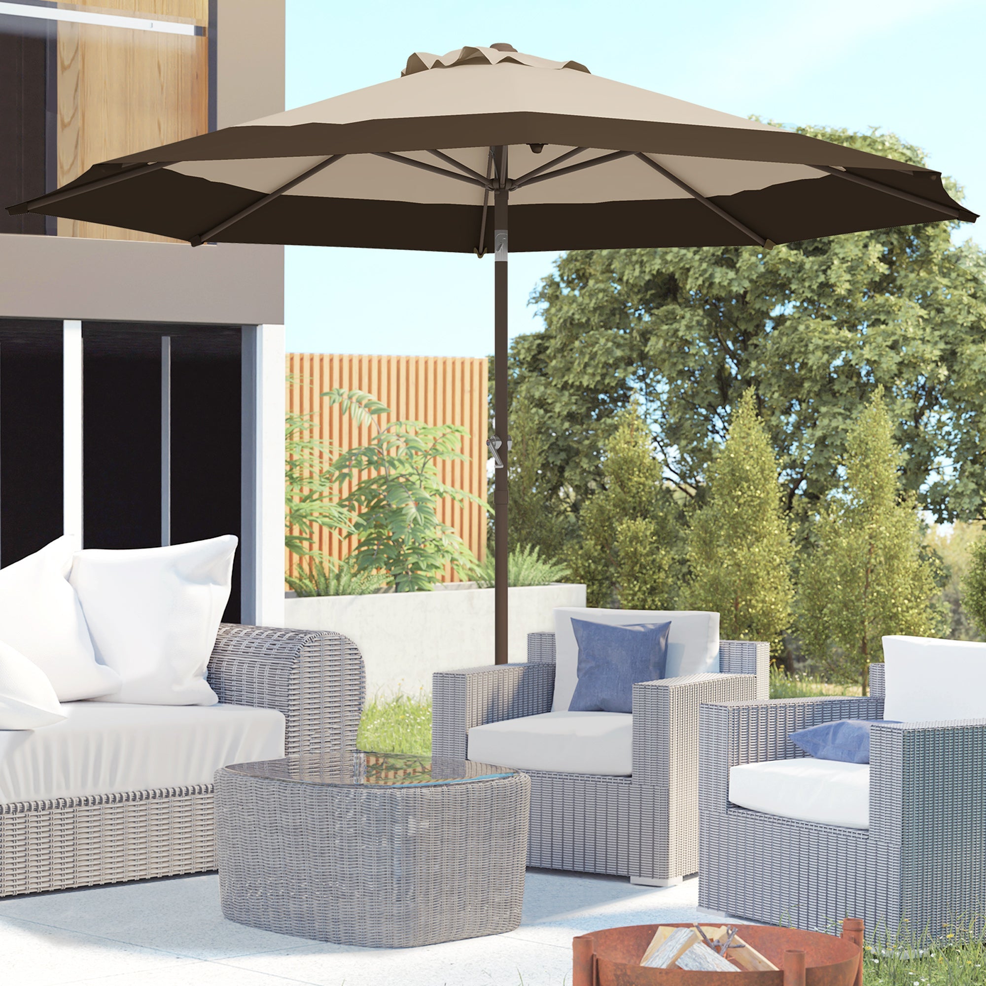 Outsunny Patio Market Umbrella: 9x9ft Outdoor Table Parasol with Tilt Crank Canopy, Deep Brown