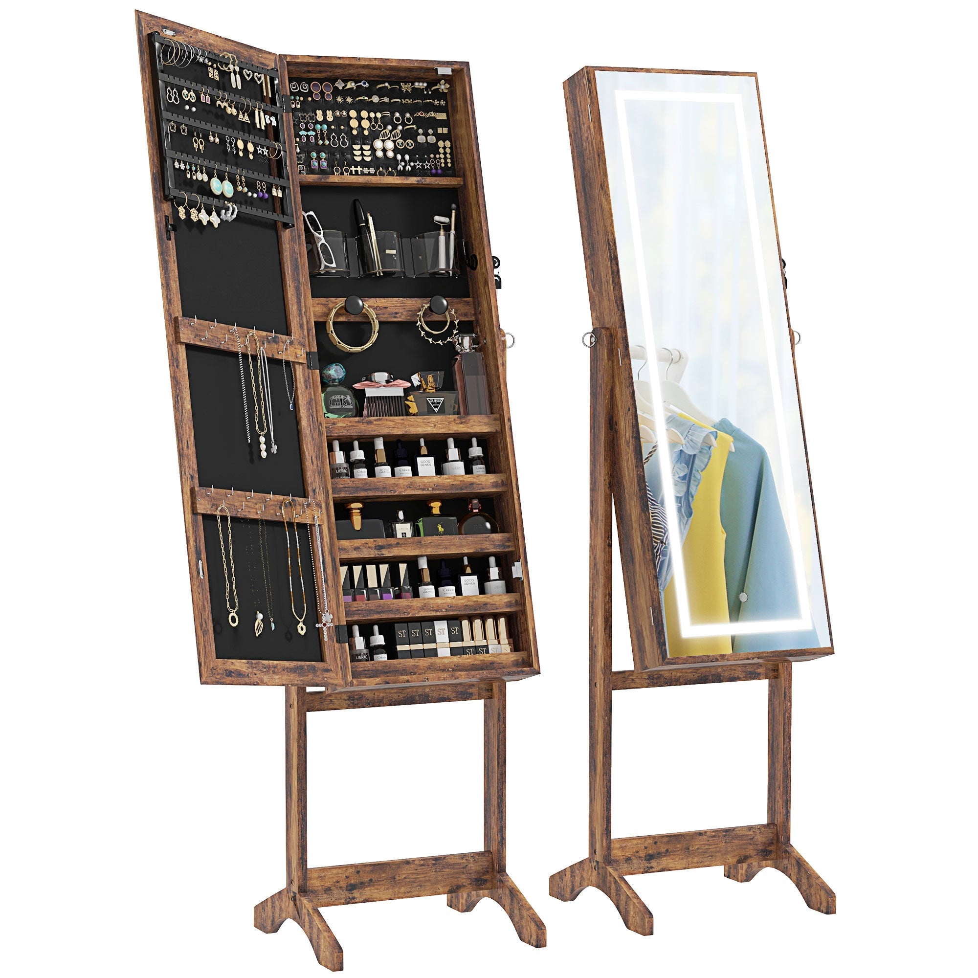 HOMCOM Lockable Jewelry Armoire with LED Light Standing Mirror with Storage for Bedroom Dressing Room Rustic Brown