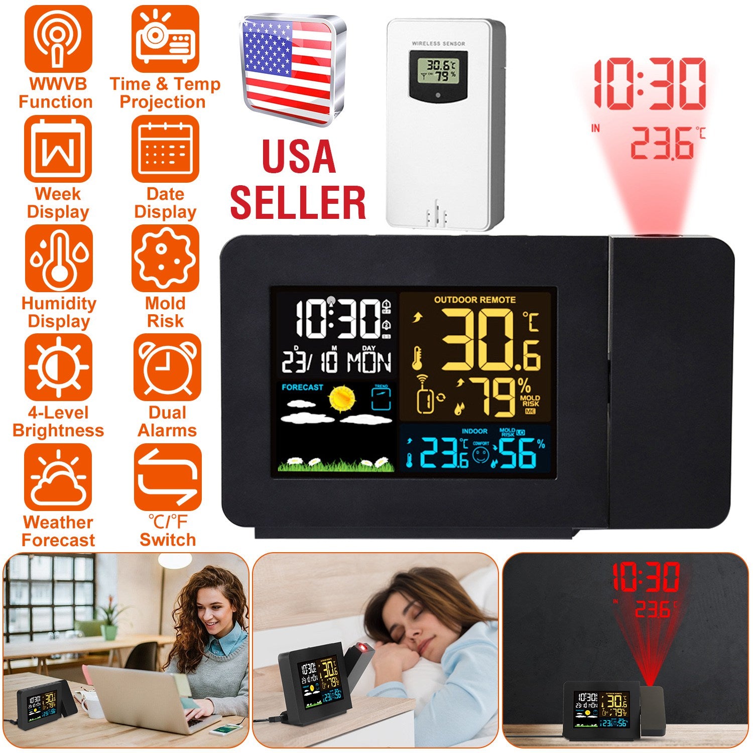 Atomic Projection Alarm Clock Radio Control Clock with WWVB Function Weather Station Dual Alarms Snooze Outdoor Wireless Temperature Humidity Sensor
