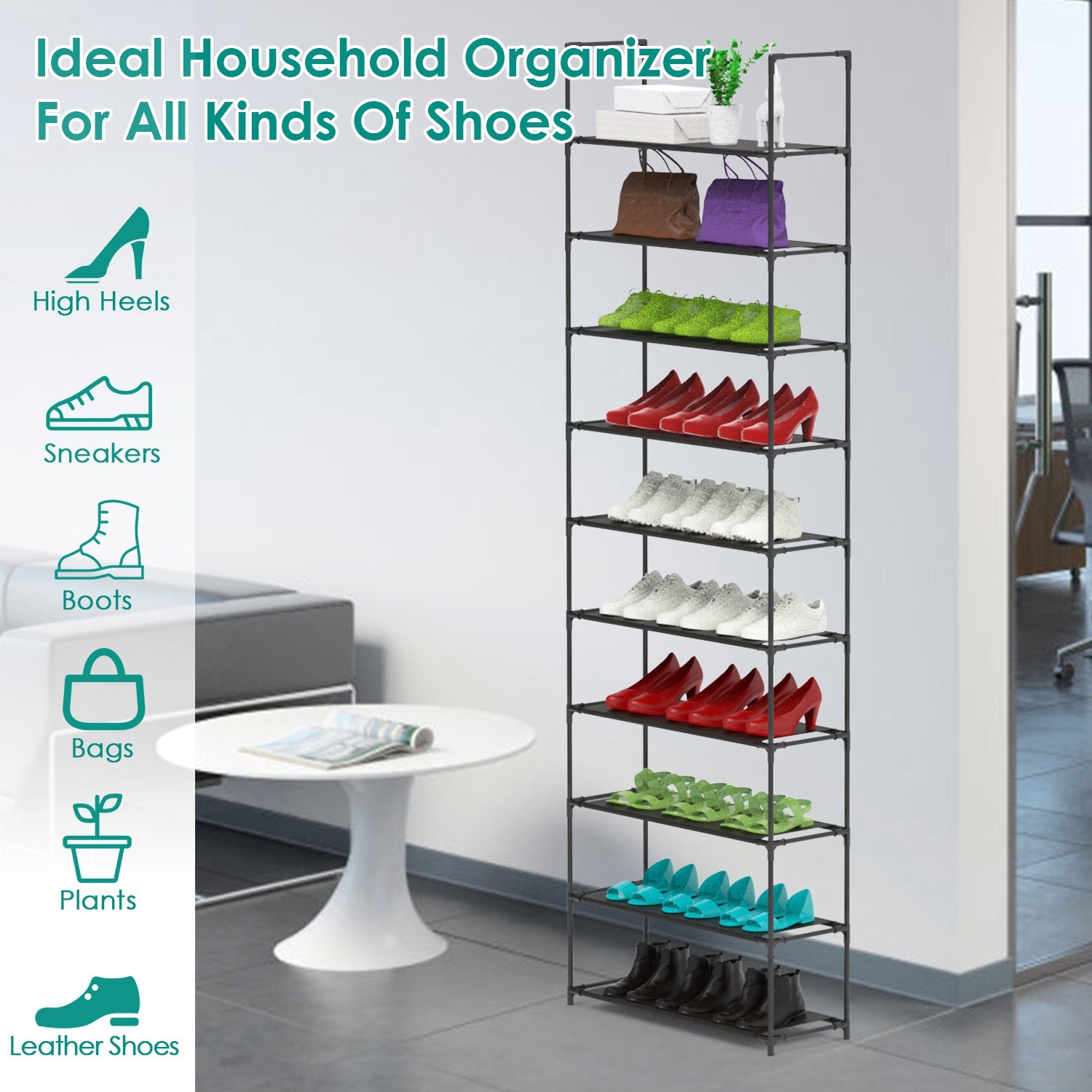 10 Tiers Shoe Rack Space-Saving 25-30Pairs Tall Shoe Shelf 23.03x10.82x72.83Inches Non-Woven Fabric Vertical Shoe Organizer For Hallway Entryway Close
