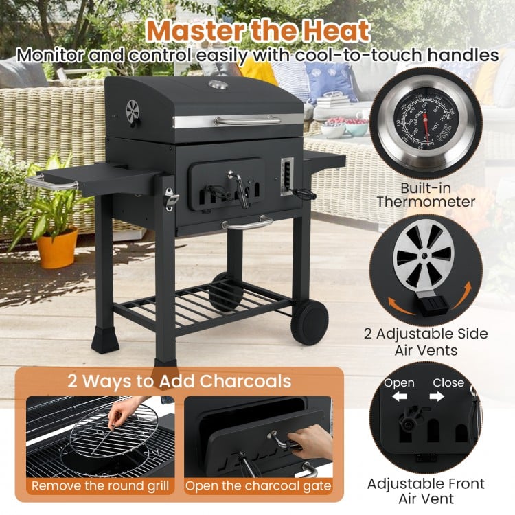 24-Inch Barrel Charcoal Grill with 2 Folding Side Tables and 544 sq.in Cooking Area