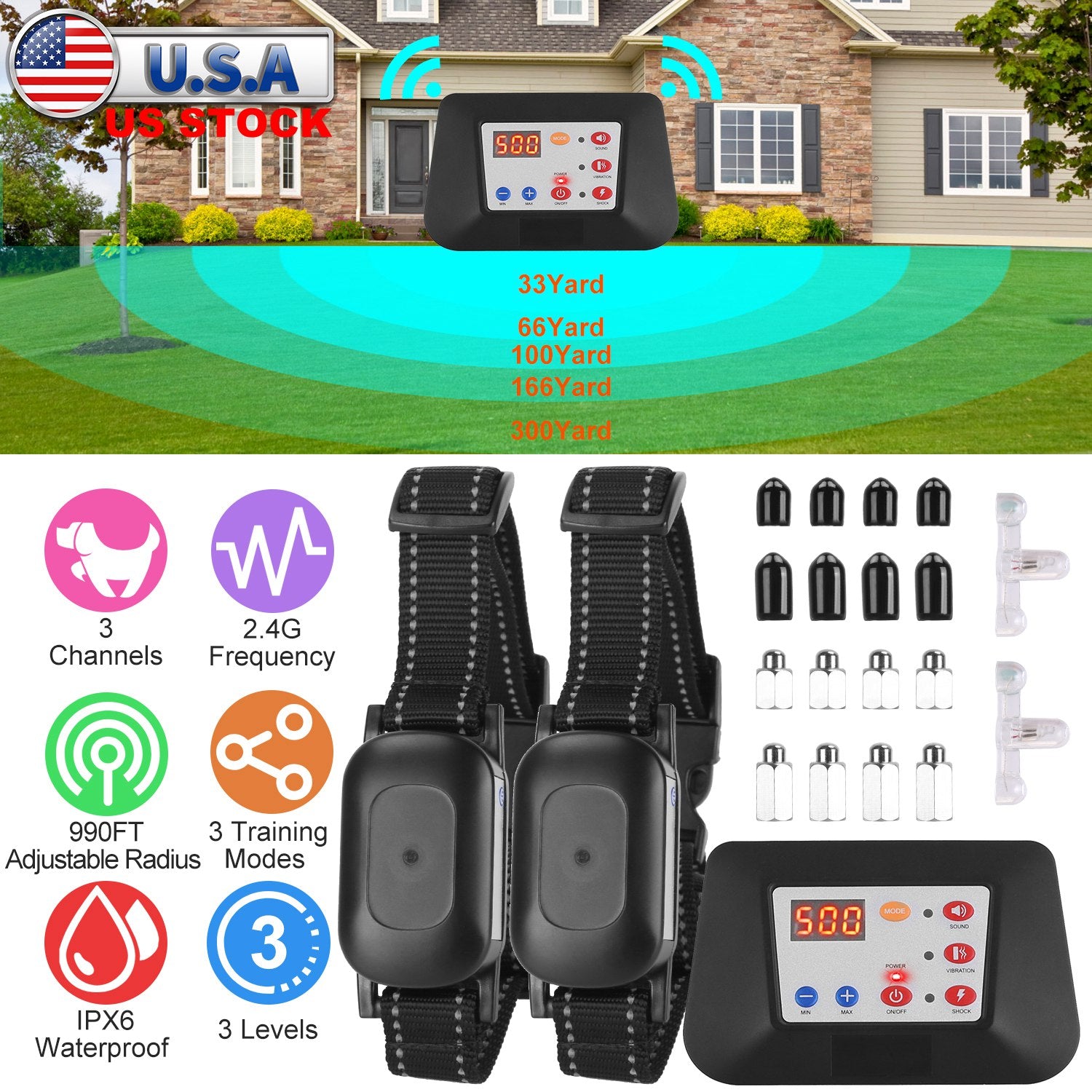 990FT Radius Dog Training Collar Wireless Fence IPX6 Waterproof Pet Beep Vibration Electric Shock Fence System 3 Channels Rechargeable Transmitter Rec