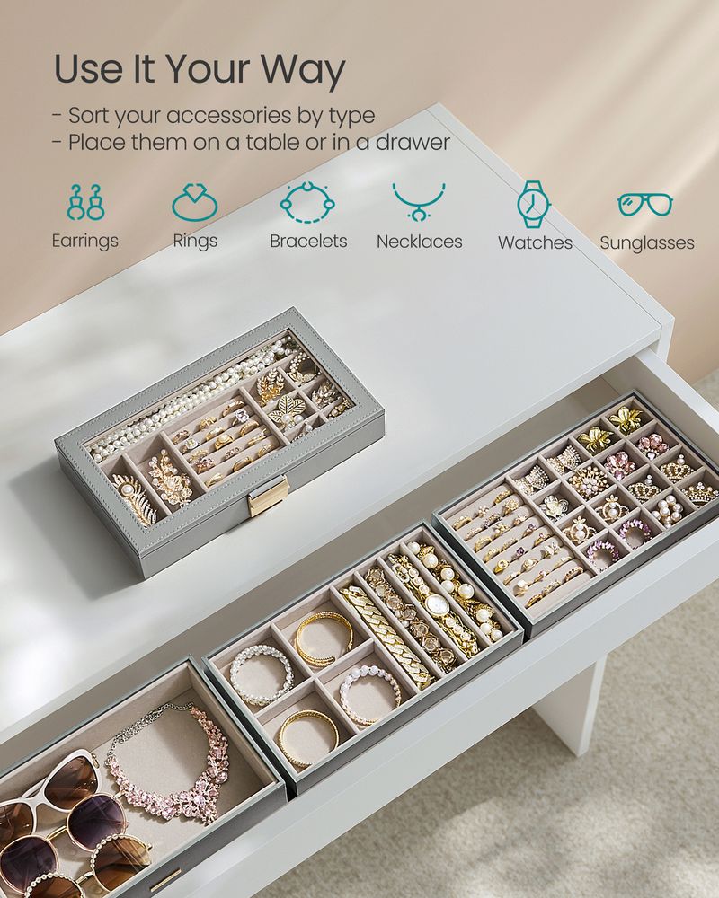 SONGMICS Stackable Jewelry Trays with Glass Lid