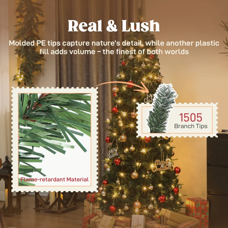 HOMCOM 7FT Prelit Pop Up Artificial Christmas Tree, Collapsible Green Xmas Tree with Warm White LED Lights and Metal Stand