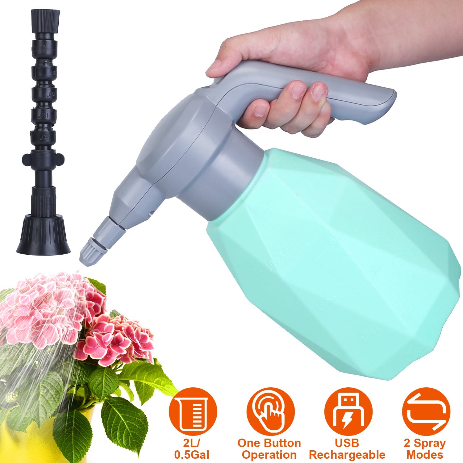 2L/0.5Gallon Electric Spray Bottle Rechargeable Handheld Automatic Plant Watering Sprayer Tank 360 Degrees Adjustable Spout