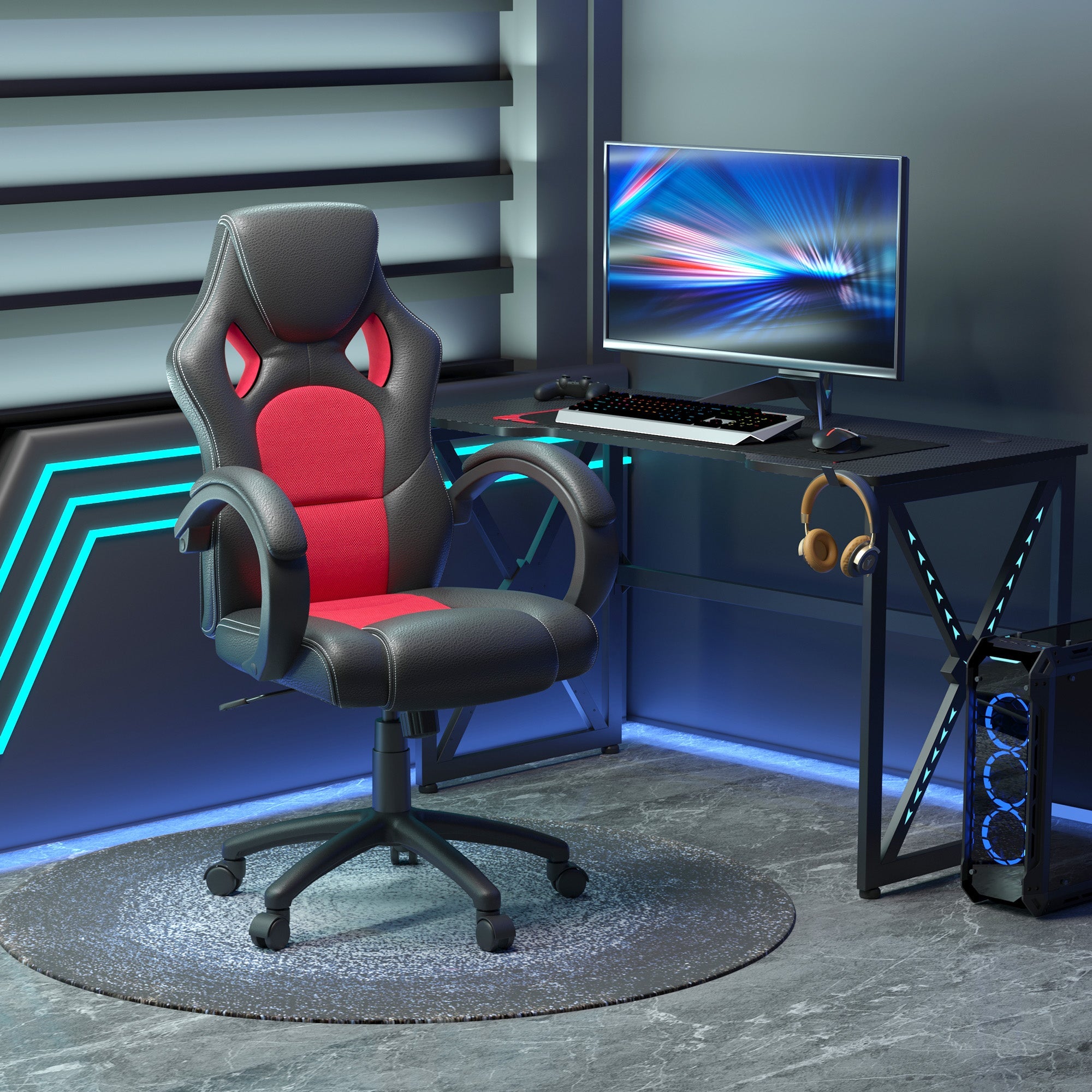 HOMCOM Ergonomic Gaming Chair, High Back, Swivel Office Chair with Wheels, Headrest, Tilt, Red