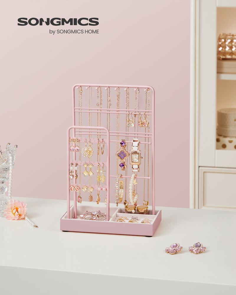 SONGMICS Jewelry Holder with Metal Frame and Velvet Tray