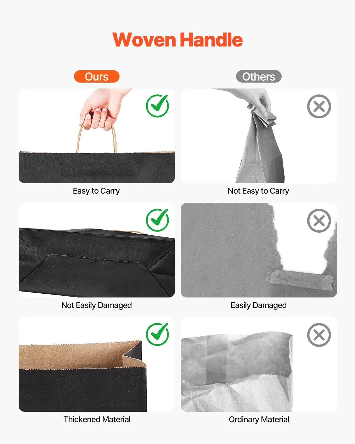 VEVOR Kraft Paper Bags with Handles – 50/100Pcs, 16 x 6 x 12 in, Large Reusable & Recycled Grocery/Party Bags – White, Brown, Black