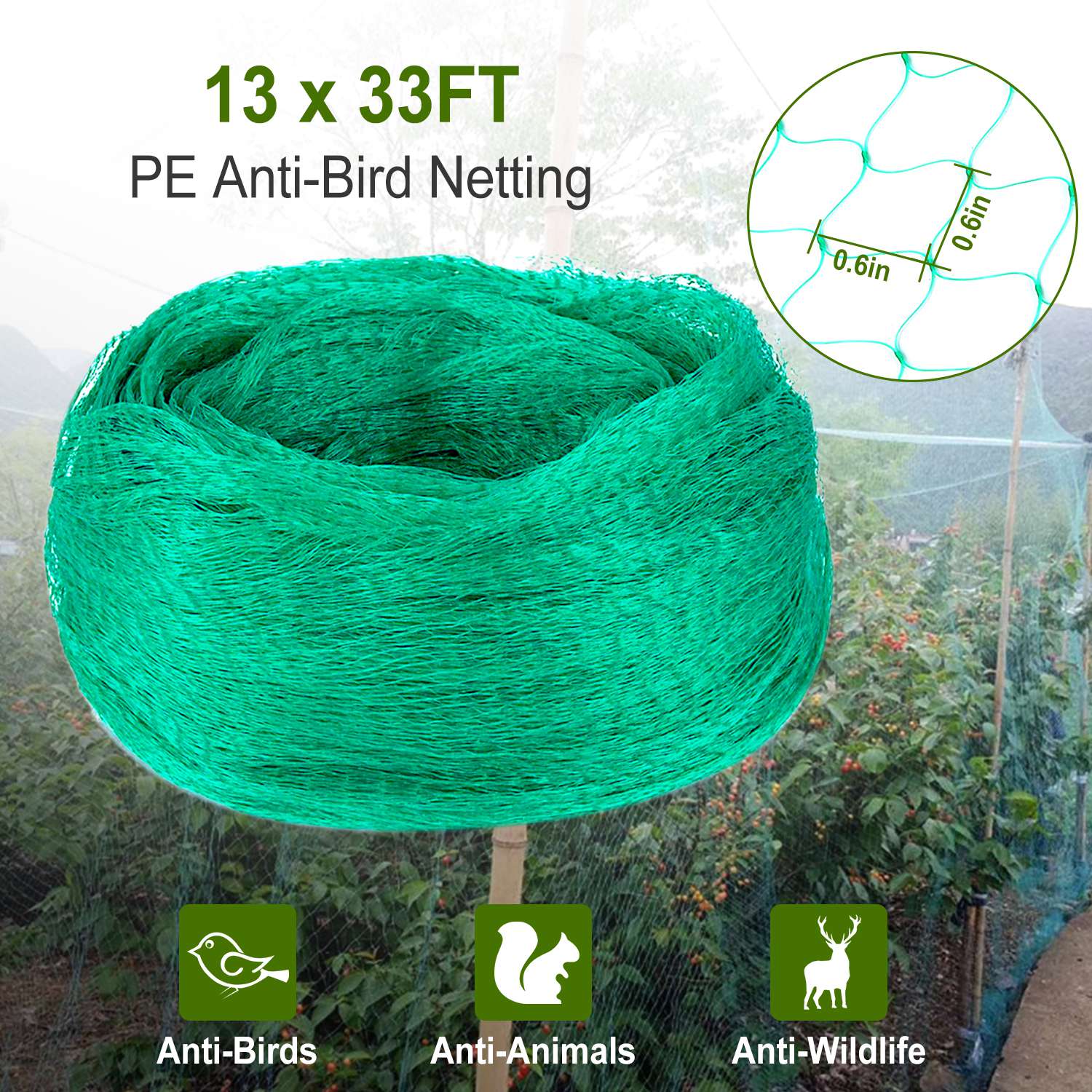 13 x 33ft Garden Netting Heavy Duty PE Anti Bird Netting Plants Fruits Tree Vegetables Protection Netting Net