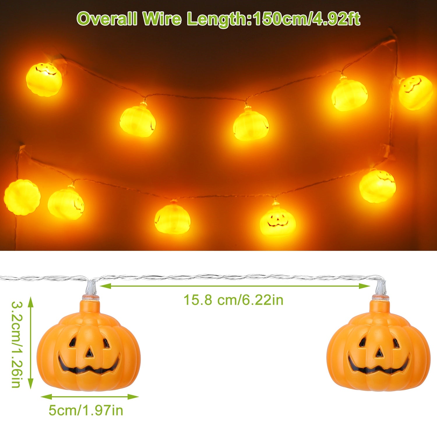 Halloween String Lights 59IN Total Length Pumpkin LED Lamps Battery Powered Decorative Holiday Lights For Indoor Decor