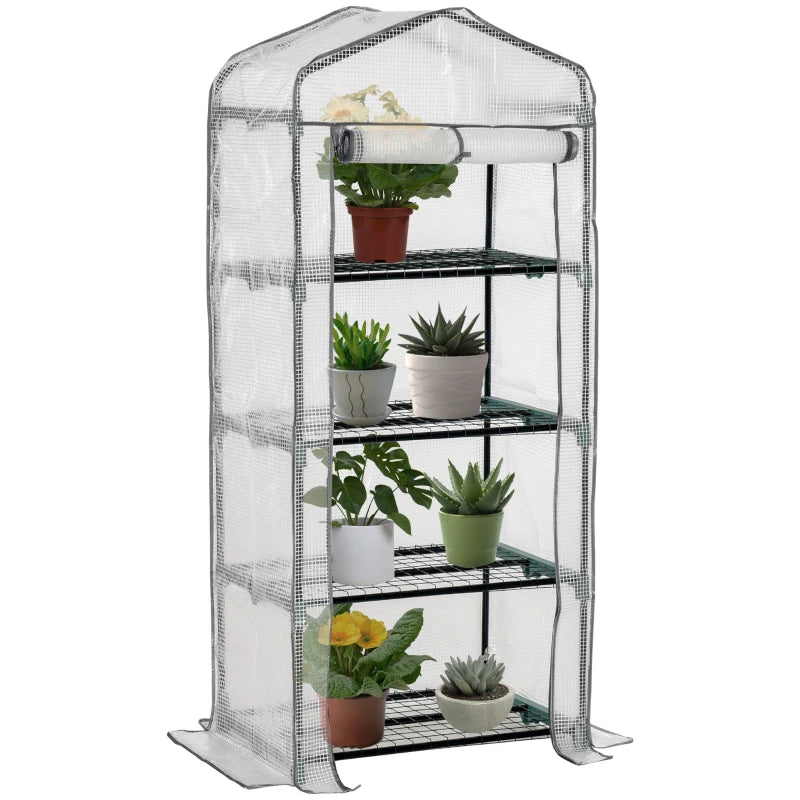 Portable Greenhouse Outdoor Hot House with 4 Tier Shelves, Steel Frame, PE Cover, 28" x 20" x 63" , White