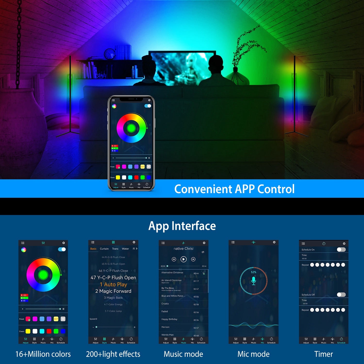 56in Floor Lamp Light LED Standing Lamp Remote Control Dimmable Color Changing Mood Light