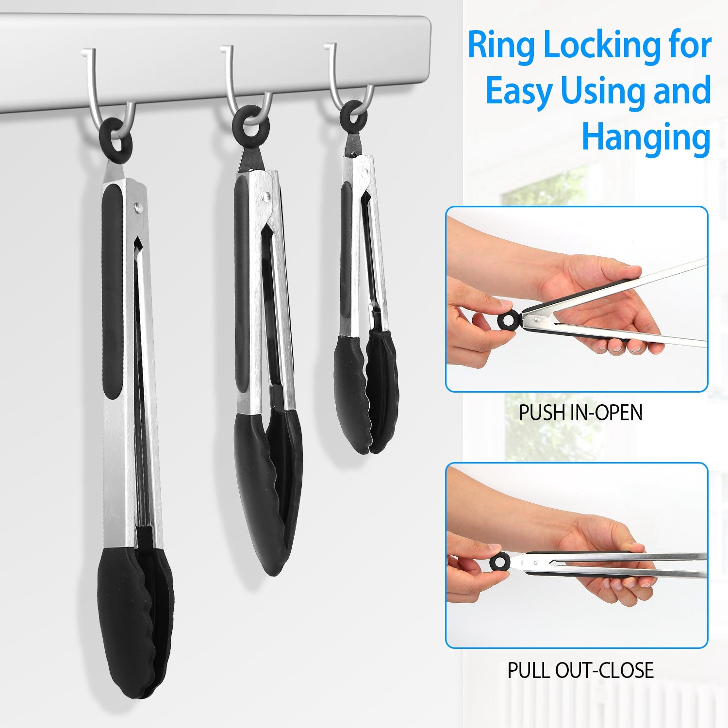 3Pcs Kitchen Tongs Stainless Steel Locking Food Tongs with Silicon Tips BPA Free Non-Stick BBQ Cooking Grilling Locking Food Tongs High Heat Resistant
