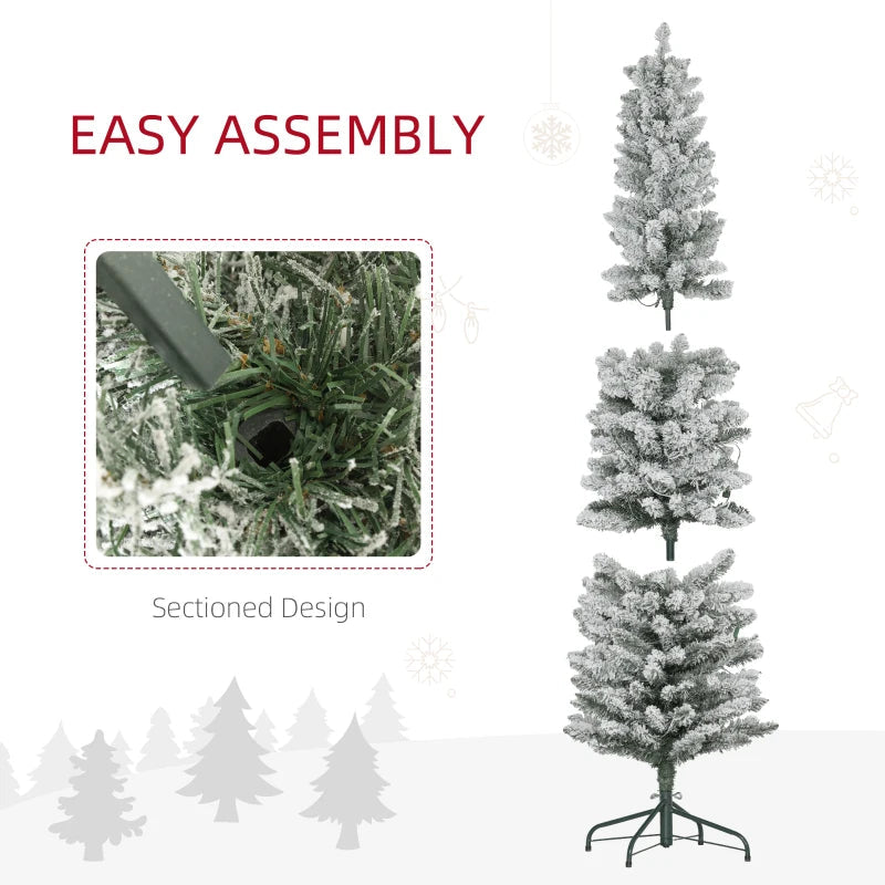 HOMCOM 5FT Prelit Pencil Christmas Tree with Warm White LED Lights, Slim Artificial Snow Flocked Xmas Tree with Metal Base