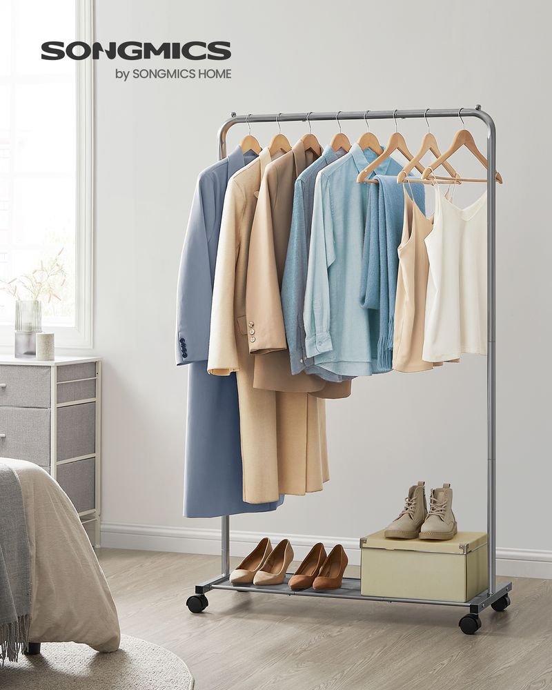 SONGMICS Clothes Rack with Wheels and Dense Mesh Storage Shelf