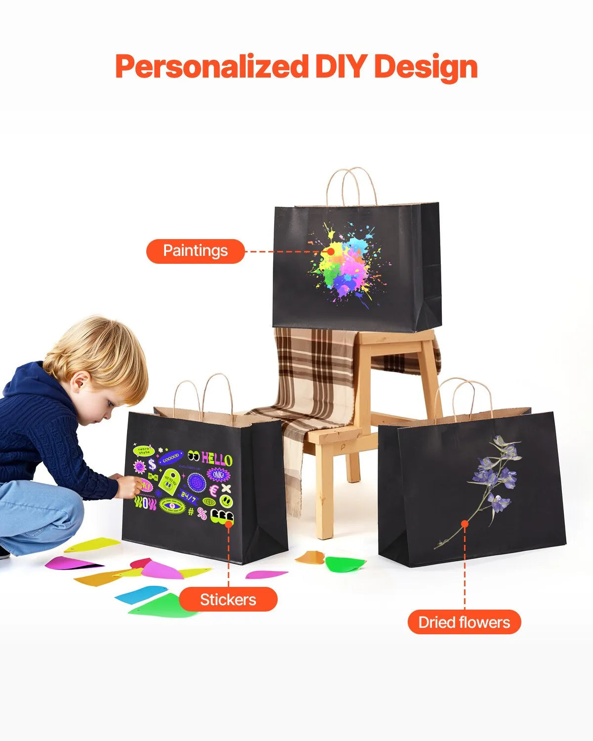 VEVOR Kraft Paper Bags with Handles – 50/100Pcs, 16 x 6 x 12 in, Large Reusable & Recycled Grocery/Party Bags – White, Brown, Black