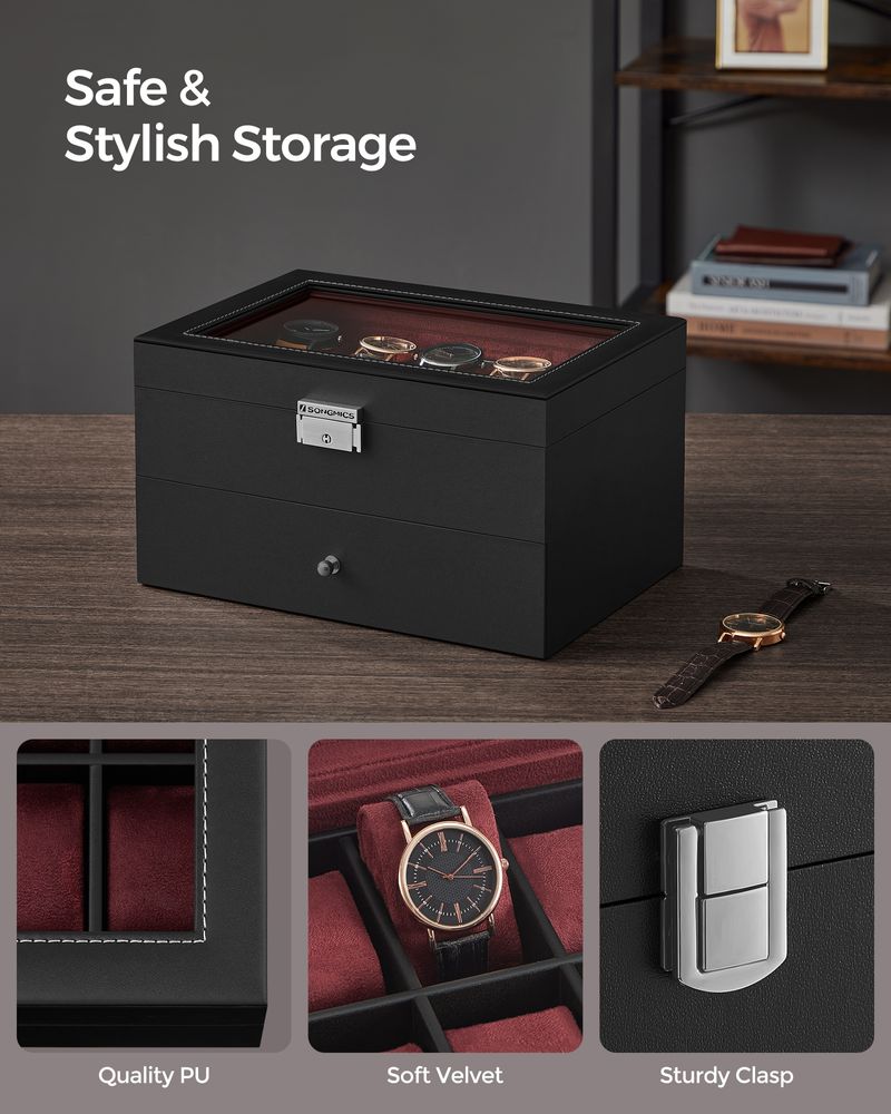 SONGMICS 16 & 20-Slot Watch Box with Glass Lid