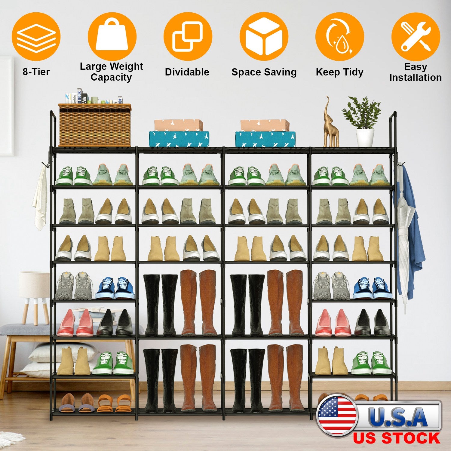 8-Tier 4-Row Shoe Rack Metal Shoe Storage Shelf Free Standing Large Shoe Stand 56 Pairs Shoe Tower Unit Tall Shoe Organizer with 2 Hooks for Entryway