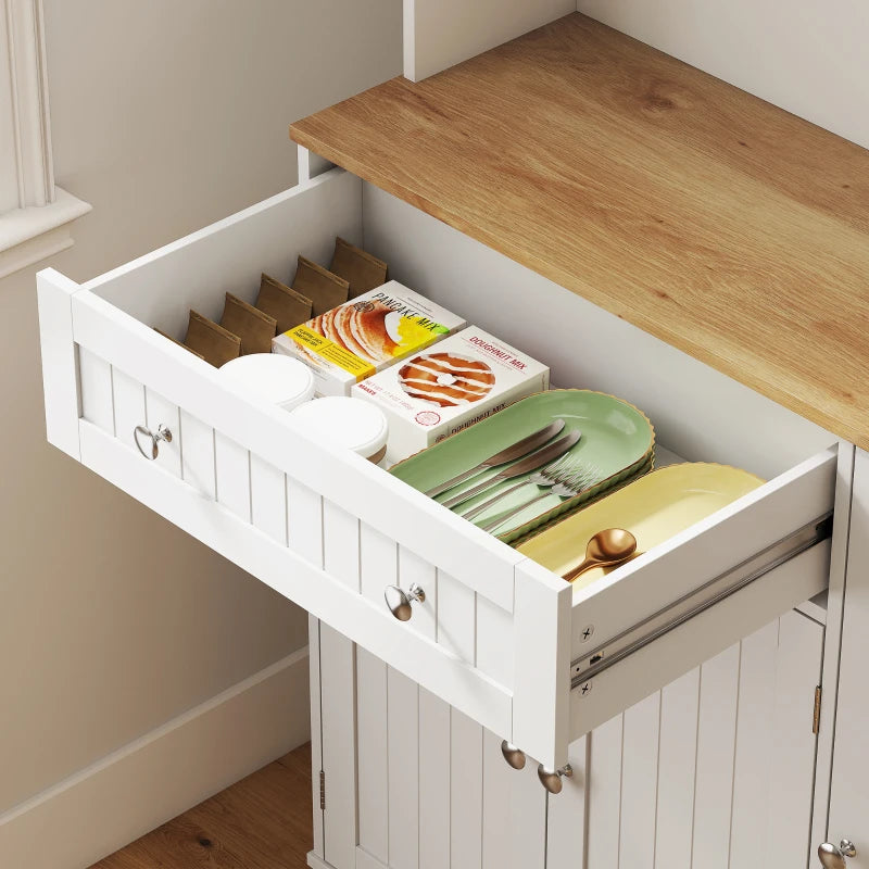 68" Pantry Cabinet with Charging Station, Kitchen Storage Cabinet with Microwave Stand, 4 Door Racks, White