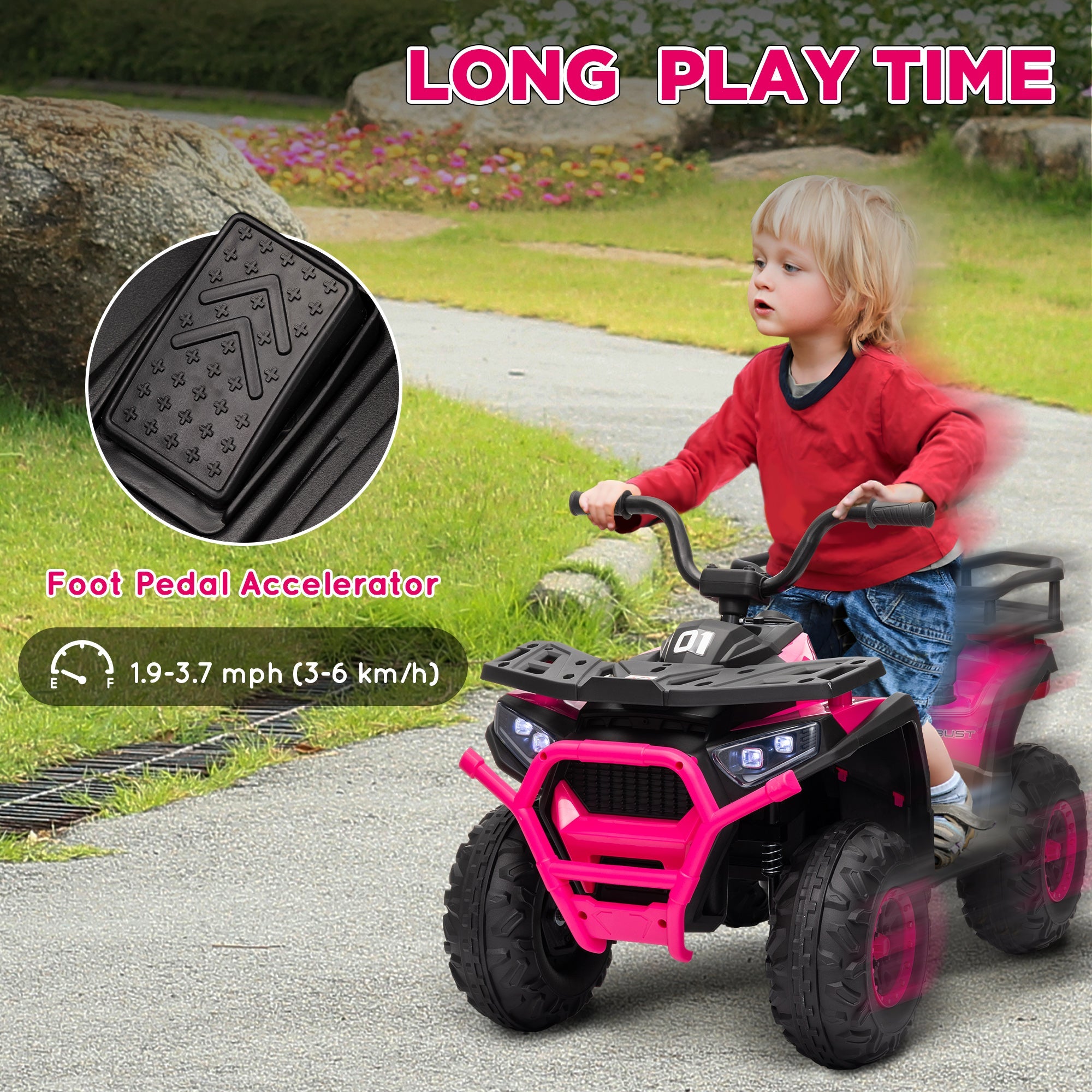 Qaba Kids ATV, 12V Battery Powered Electric Ride on Toy w/ Spring Suspension, Storage Basket, High & Low Speed, Pink